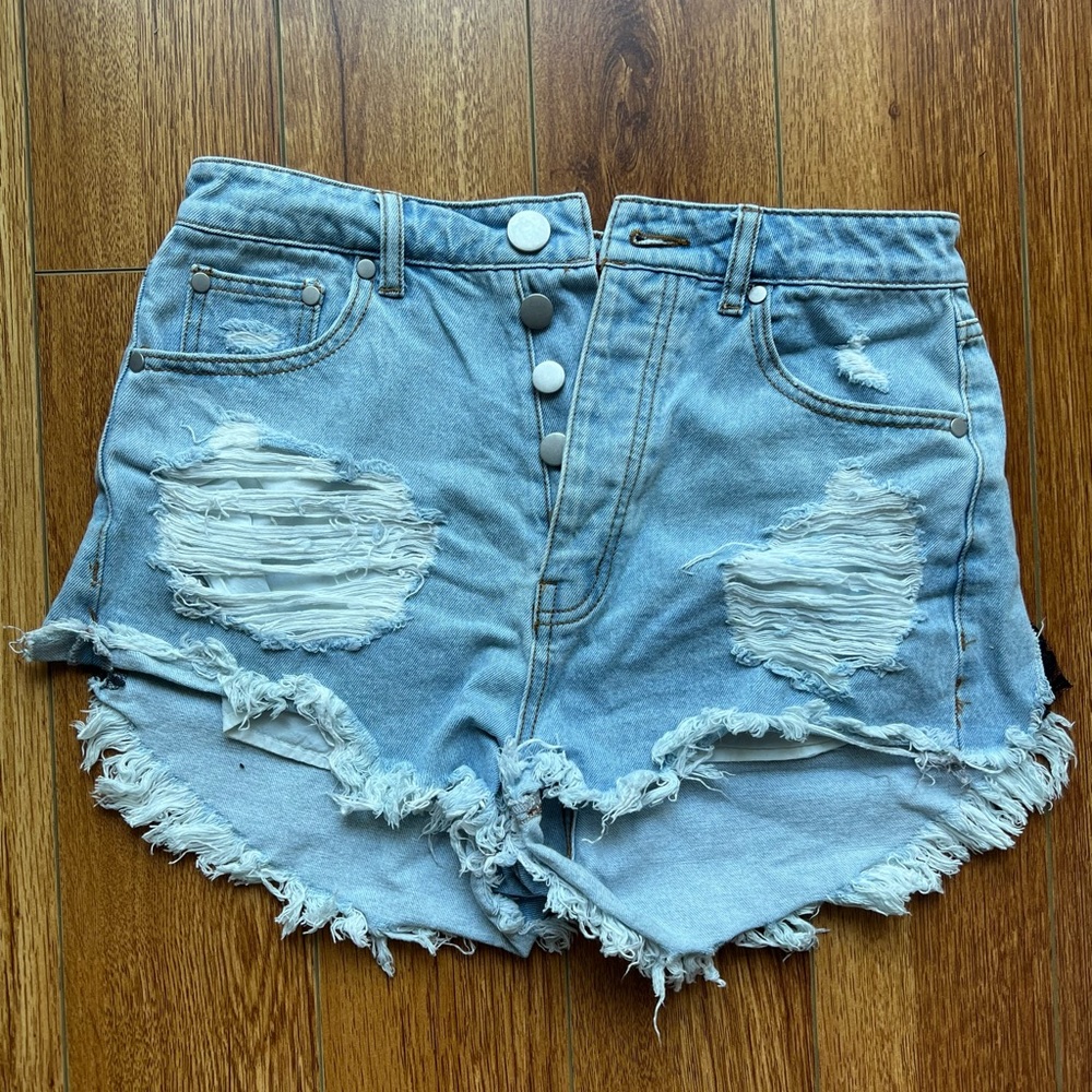 Distressed High Waist Light Denim Short Shorts